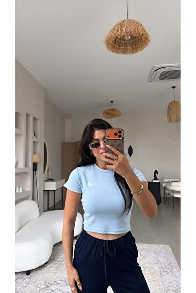 Buket Teke Tricou crop din bumbac cu broderie cal albastru bebeluș