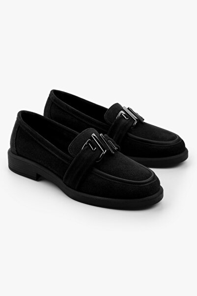 Shoeberry Women's Sorell Black Suede Loafer with Buckle Detail