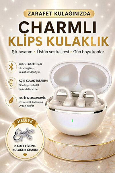 kozo-f Fiyonk Charmlı Kulak Arkası Klips Tasarımlı Kablosuz Bluetooth Kulaklı...