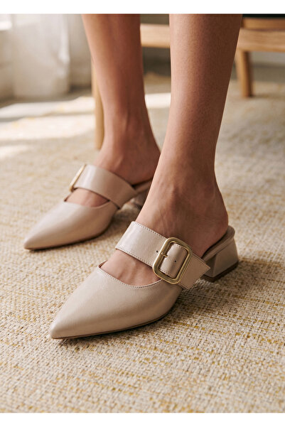 tayyarshoes Krea Kadın Tokalı Sivri Burun Günlük Topuklu Terlik