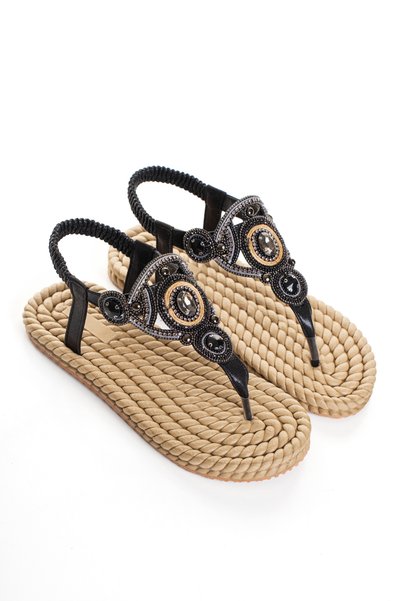 HAYAT SHOES Wicker Flip-Flop Women's Sandals with Black Diamond Buckle