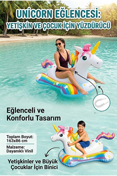 welcomein Havuz ve Deniz Kullanımına Uygun Unicorn Tek Boynuzlu At Tutmaçlı Ş...