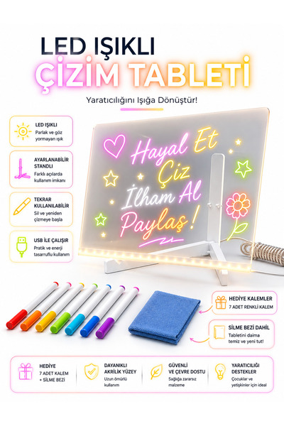 shopExxtra LED Işıklı Çizim Tableti 30x20 cm – Ayarlanabilir Standlı Akrilik Yazı ve Not Panosu, USB Güçlü, Çocuk ve Yetişkin İçin