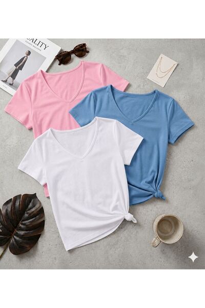 FAVORİST 3 Pieces of Plain Regular Fit (V-Neck) Women's T-Shirts