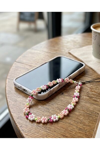 MyBalliStore Çiçekli Boncuklu Telefon Askısı - Pembe ve Beyaz Papatya Temalı