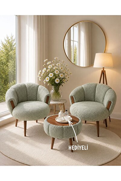 STAR WALNUT Green 2 Chamomile Bergère + 1 Coffee Table (5 PIECES DECORATION SET WITH GIFT)