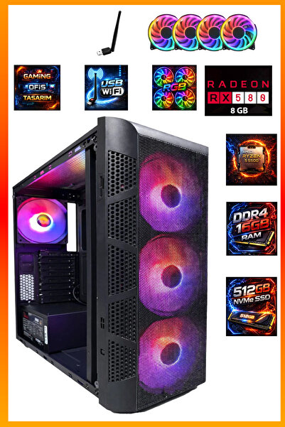 COMLOJI GA Full-Perf Gaming Ryzen 5 5500 + RX580 8GB + 16GB DDR4 RAM 512GB M....
