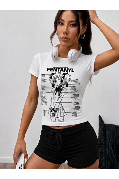 Chirkef White Women's Slim Fit Crew Neck Printed Cotton Short Sleeve Vintage ...