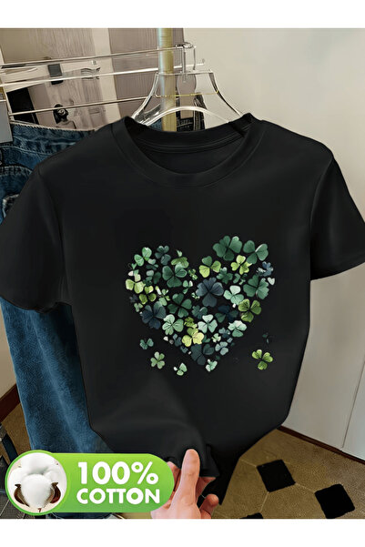 one button Tricou supradimensionat premium cu imprimeu cu flori și inimă verde