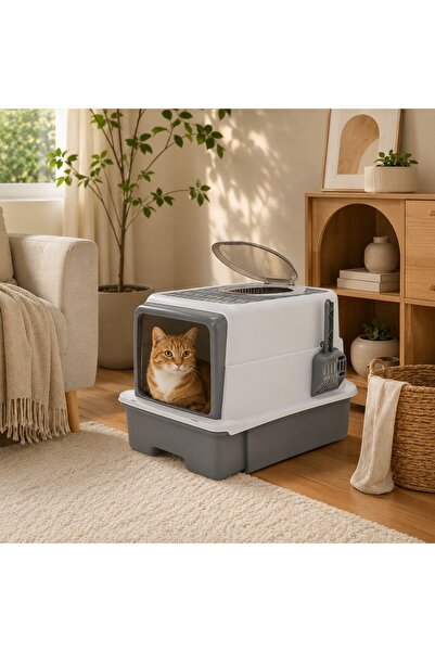 TechTic Kapalı Kedi Tuvaleti Üstten Çıkışlı Çekmeceli Kedi Kum Kabı Kürekli B...