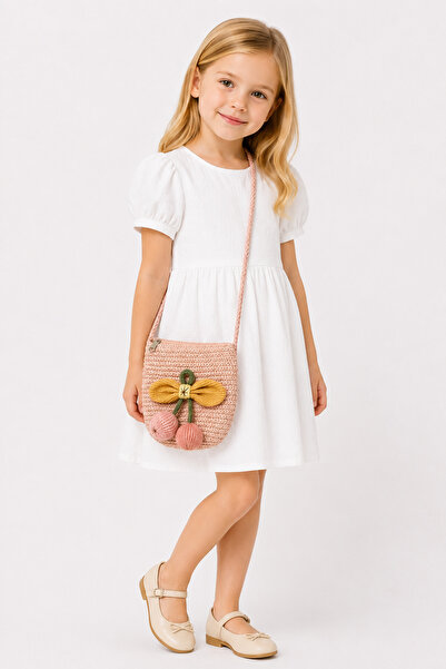 MakeWell Girl's Straw Shoulder Bag Pink Flower Detailed Knitted Cross Strap M...