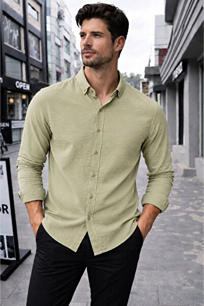 EMPEROR APPAREL Erkek Haki Uzun Kollu Pera Keten Gömlek