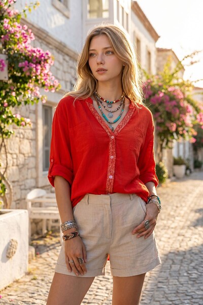 loia Women's Coral Sequin Embroidered Washed Linen Pocketed Loose Casual Shir...