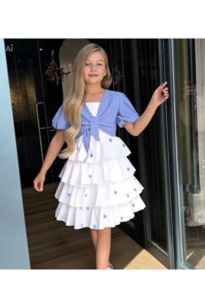 PAPATİA papatya beyaz kat kat kız çocuk elbise takımı