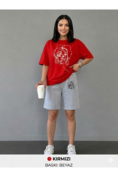 Gutsy T-Shirt Shorts 2-Piece Combination Sweat-Absorbing Women's Face Printed...