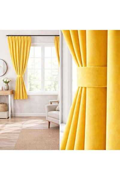 magazincovoare.ro Set 2 Perdele Premium din Catifea Blackout Galben Muștar 1.5m x 1.45m, Bandă de Prindere Premium, Magazin de Covoare