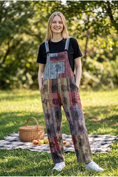 Enuverbi Kadın %100 Pamuk Bohem Tulum Pantolon - Askılı Rahat Kesim Patchwork...