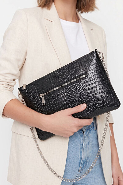 Luvenis Black Crocodile Pattern Chain Strap Shoulder Bag