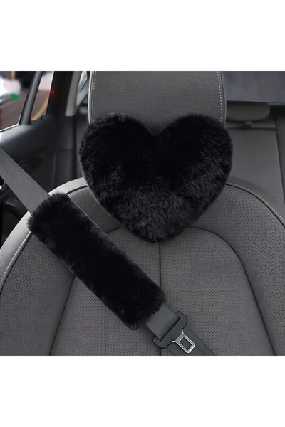 merdümek Sweet heart Siyah Peluş Kalp Araba Boyun Yastığı ve Emniyet Kemeri K...