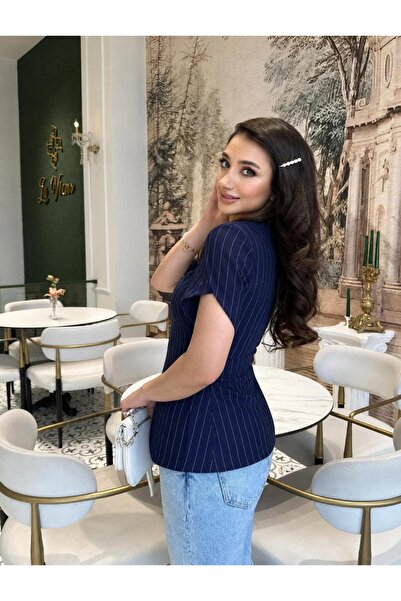 Leyal moda Çizgili Kare Yaka Ceket