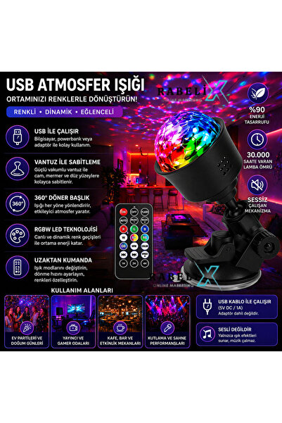 Rabelix Online Marketing Usb Girişli Vantuzlu Rgb 360° Dönen Uzaktan Kumandal...
