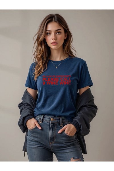 North Whiskers In Case of Emergency Please Call 9 Wine Wine Written Printed Navy Blue Unisex 100% Cotton T-Shirt