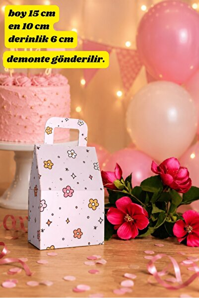 Emtory Home Tutma Saplı Pembe Çiçekli Karton Çanta - Hediye Paketi - Hediye K...