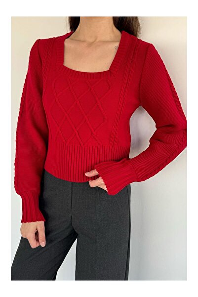 LC Waikiki Nevavm Square Collar Knitted Patterned Women's Sweater with a Diff...