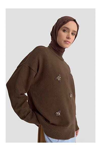 LC Waikiki Nevavm Embroidered Oversize Sweater 25Kd6015 Bitter Brown