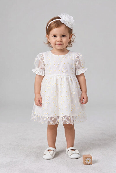 Le Mabelle White Short Sleeve Daisy Tulle Baby Girl Dress - Hillary