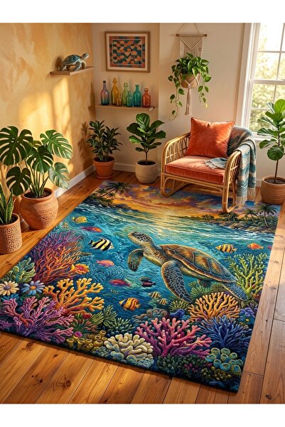 Rugs Modern Halı SDT Deniz Kaplumbağası ve Mercan Kayalığı Temalı Tropikal Do...