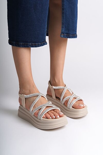 Zapatos صندل نسائي من ELENA بنعل مرن وشريط حجري CKT - كريمي