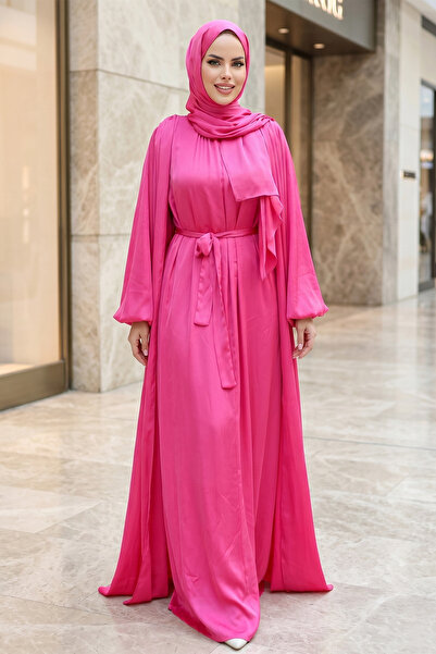 FERHEL Tesettür Crinkle Satin 3-Piece Abaya Set - Fuchsia