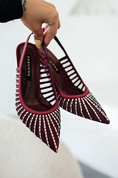Parponi Breda Stoned Heeled Satin Evening Dress Shoes Burgundy