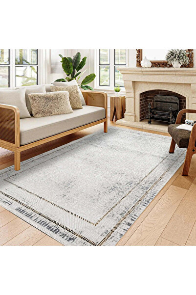 halinet Halı.Net Gray Classic Washable Non-Slip Living Room Carpet Cr-Stone-1...