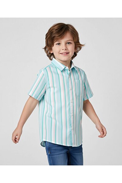Pine kids Cotton Woven Half Sleeves Shirt with Stripes - Light Blue