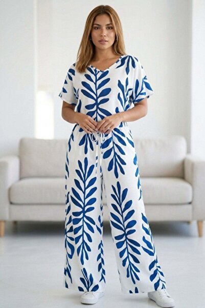 Mossta Patterned Loose Blouse and Pants Set Comfortable Fit Combination - Nav...