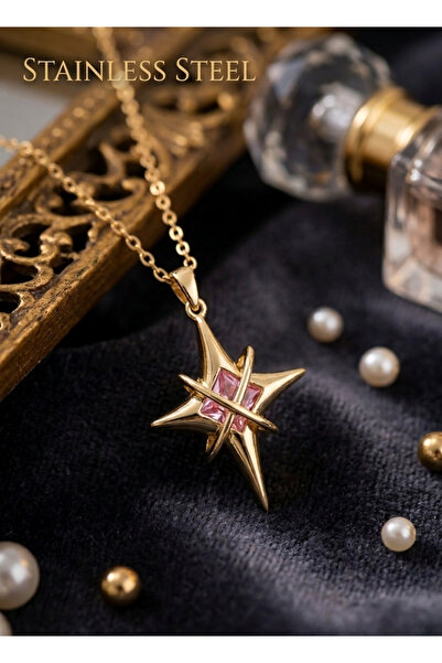 stainless steell 316L Steel Gold Color Zircon Stone Pole Star Model Necklace