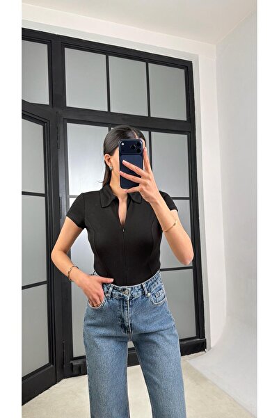 GAUS CO Black Polo Collar Zippered Basic Blouse Gaus-01467