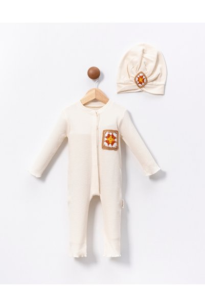 Pmini Ecru Baby Romper with Embroidery Detail and Hat