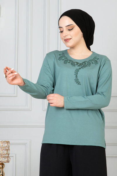 nacar çarşı Women's Aqua Green Lycra Long Sleeve Front Patterned Mother's Com...