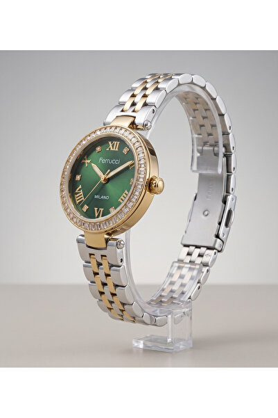 Ferrucci Milano 29mm Yeşil Kadranlı Taş Detaylı Çift Renk Kadın Kol Saati