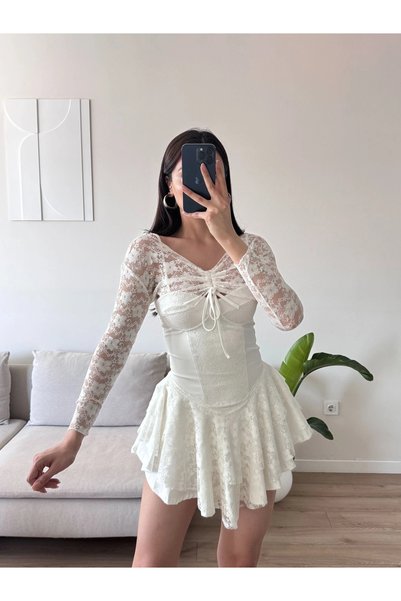 Zoom Butik Dantel Kol Ön Büzgülü Elbise - BEYAZ