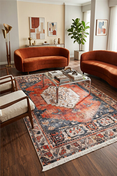 Çağ Halı Turuncu-Lacivert Zamanın İzi Modern Vintage Sisal Halı