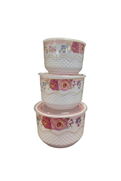 OEM Set de 3 boluri ceramice, design floral, capac din plastic, sigiliu sub v...