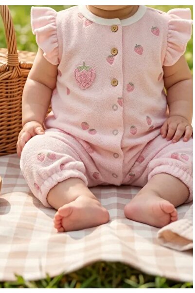 Caramell Kız Bebek Fırfır Kollu Havlu Kumaş Tulum – Çilek Desenli %100 Pamuk ...