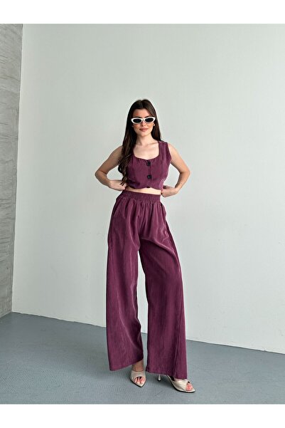 mylunessa Burgundy Tencel Crop Vest and Trousers Two-Piece Set