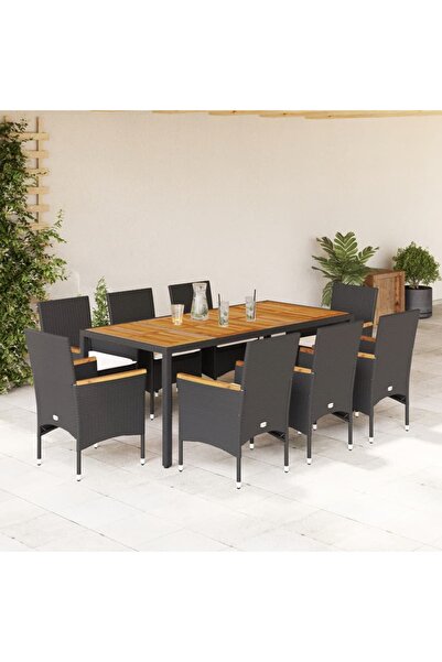 vidaxl Set mobilier gradina perne 9 piese negru poliratan/lemn acacia