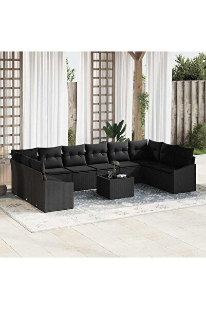 vidaxl Set de canapea cu perna 11 pcs Negru poliratan