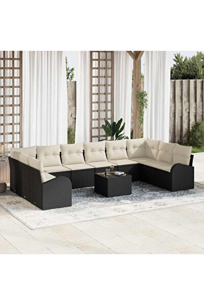vidaxl Set de canapea cu perna 11 pcs Negru Poliratan